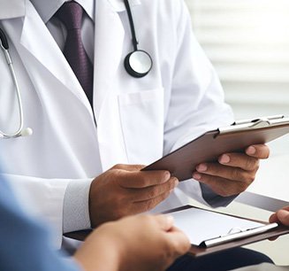 Doctor holding a clipboard during consultation